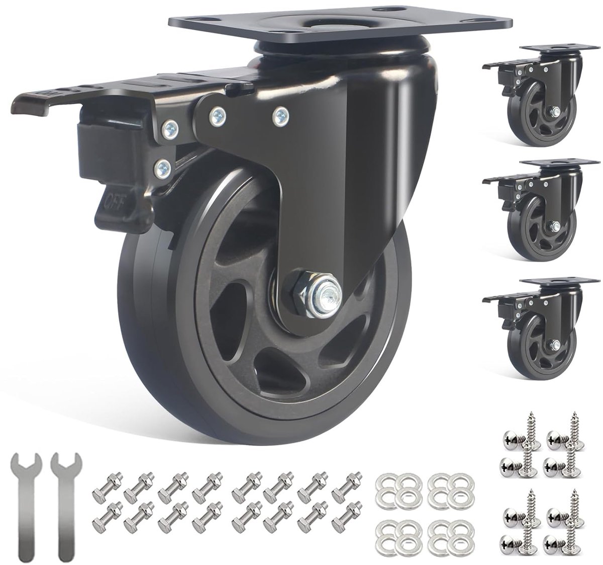 SnelShoppen - Furniture Castors 100 mm - 4 Zwenkwielen met Rem - Dubbele Kogellagers - Zware Belastbaarheid tot 600 kg - 360 Graden Rotatie - Industri