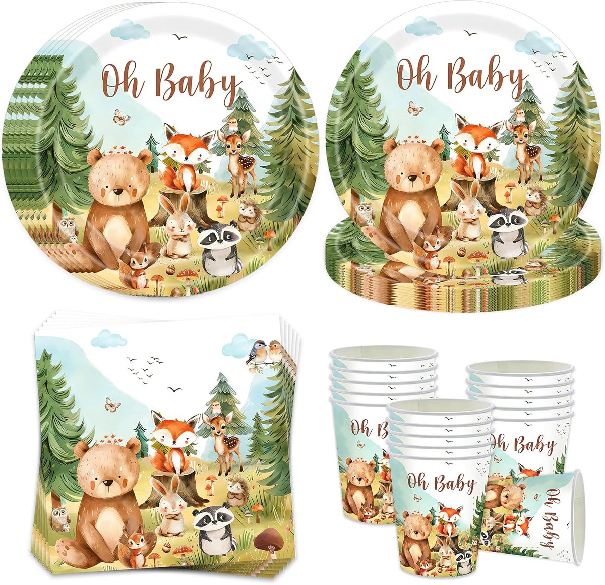 SnelShoppen - Jungle Safari Feestservies voor 16 Gasten - 52 Stukken - Papieren Borden, Bekers en Servetten - Wild One Dieren Thema - Perfect voor Ver