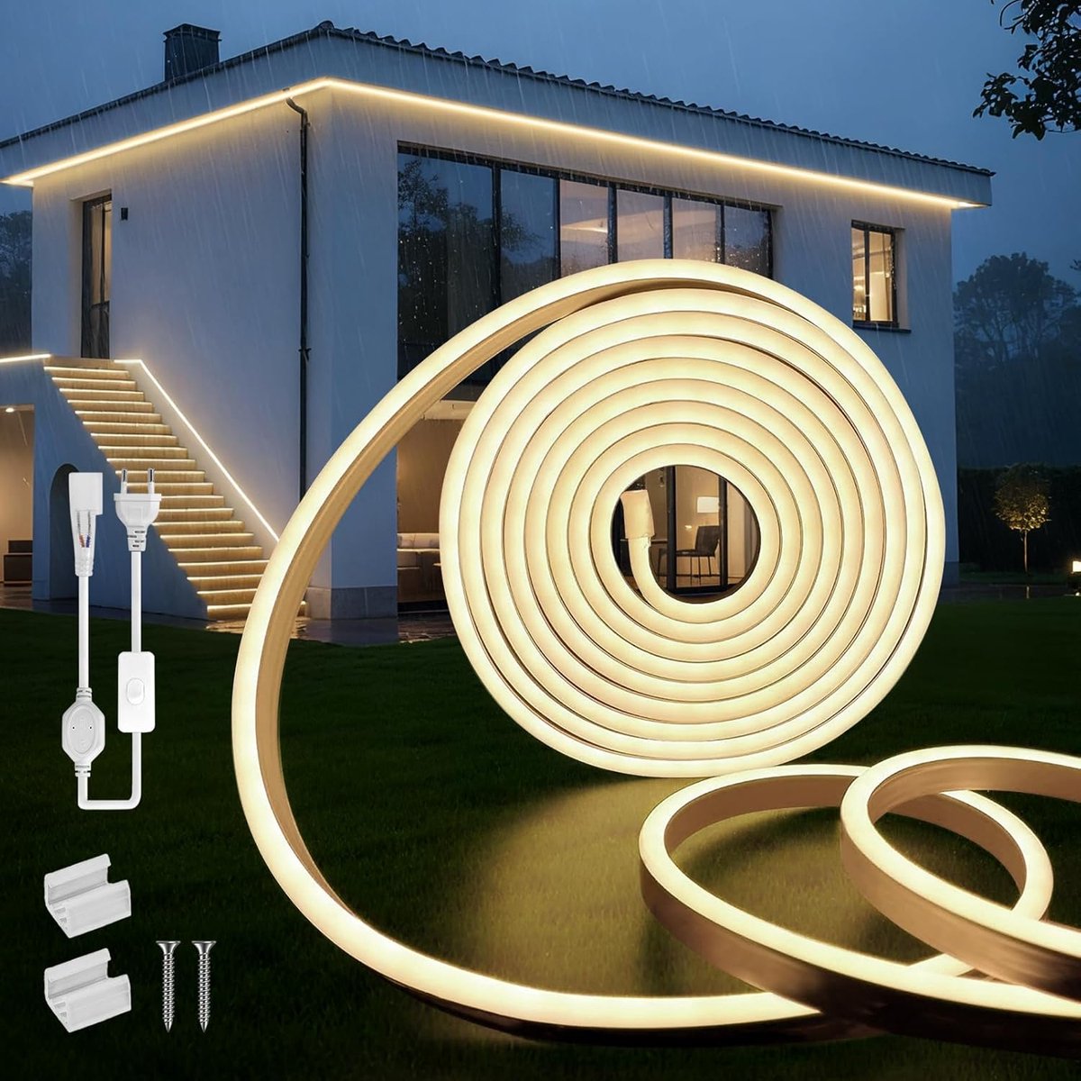 SnelShoppen - Neon LED Strip 10m 4000K Neutraal Licht Waterproof LED Kerstverlichting Buiten 220V 120 LED/M Flexibele DIY Lichtstrip Tuin, Keuken, Fee
