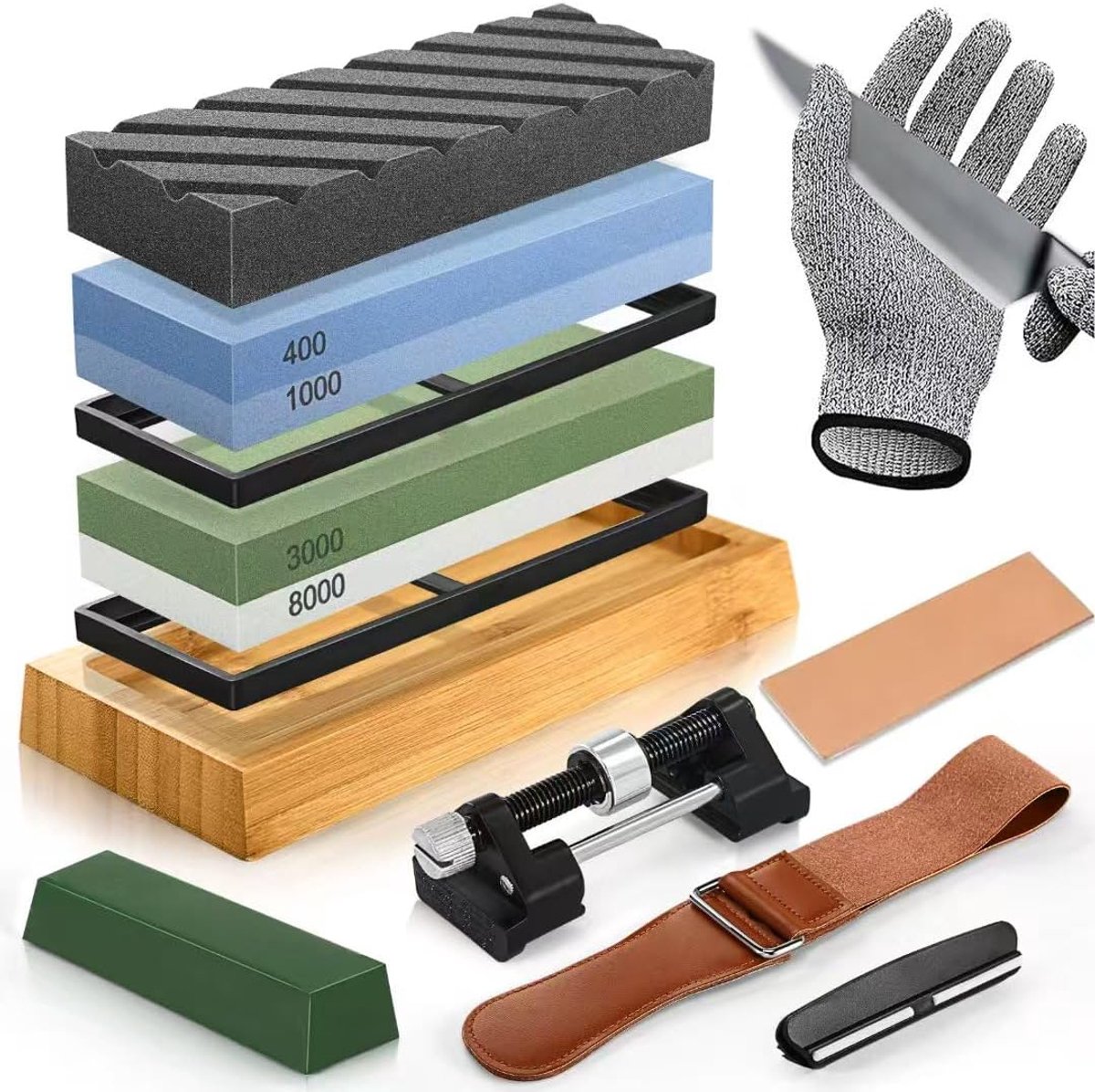 SnelShoppen - Professionele Slijpsteen Set 400/1000 & 3000/8000 met Antislip Ondergrond, Snijbestendige Handschoenen, Hoekgids en Slijpsteen voor Keuk