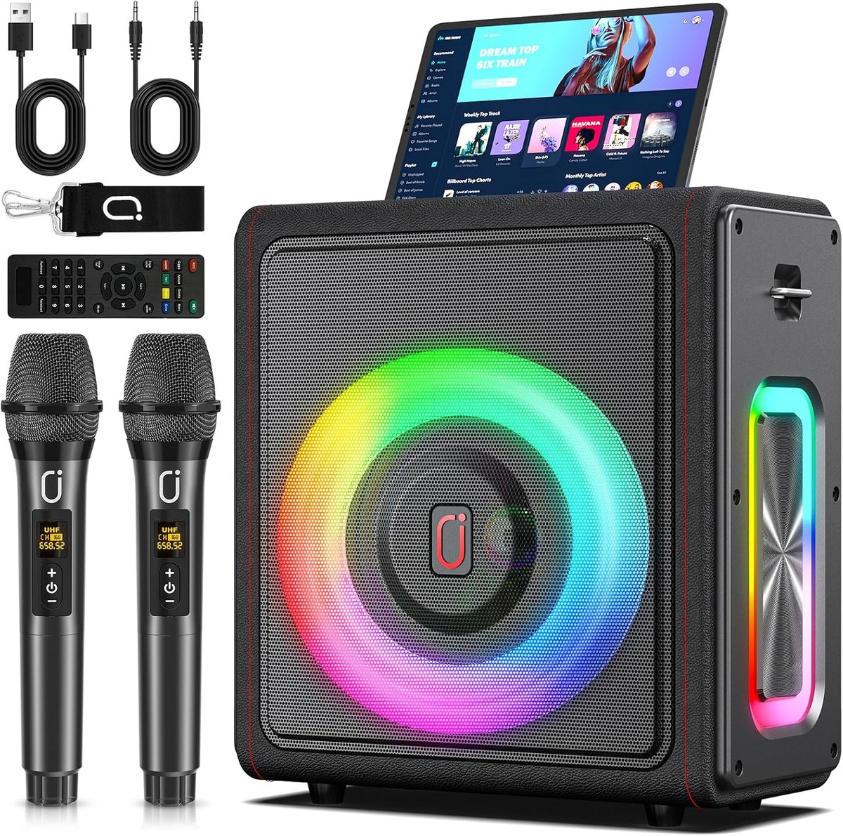 SnelShoppen - Karaoke machine MS75 - Draadloze Bluetooth karaoke set met 2 microfoons, LED verlichting, ideaal voor feesten, kinderen en thuisgebruik