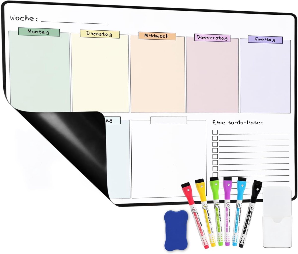 SnelShoppen - Weekplanner 40 x 30 cm, Afwasbaar Droogafwisbaar Whiteboardfolie, Ideaal voor To-Do Lijsten, Notities en Boodschappen, Perfect voor Thui