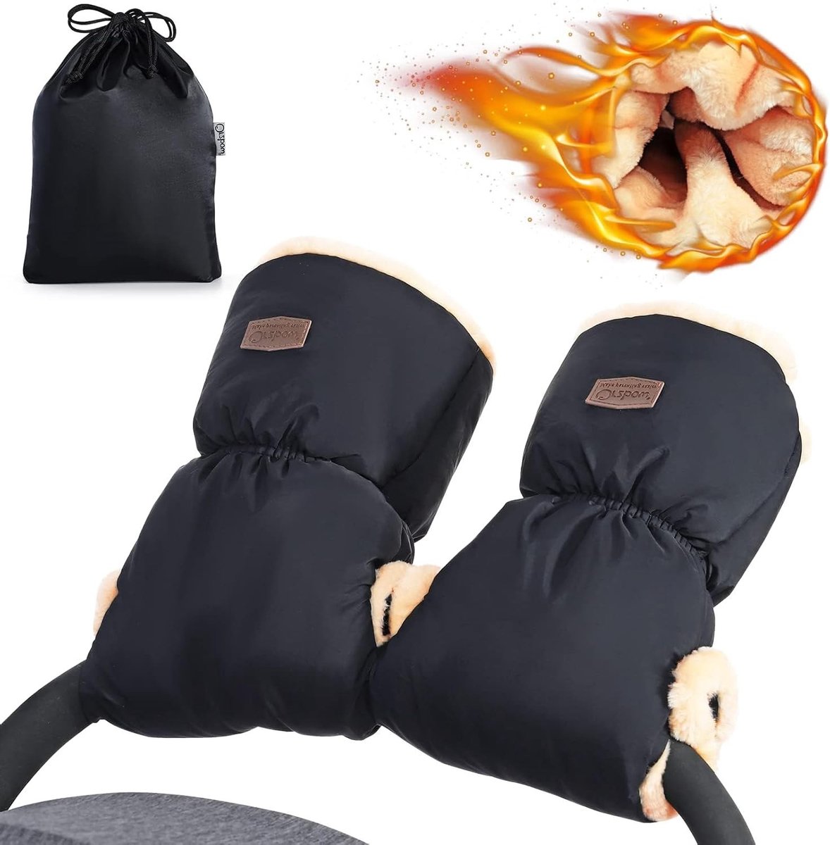 Fleece Handmuff voor Kinderwagen, Warme Winddichte Handschoenen, Extra Dikke Winterhandschoenen, Zwart