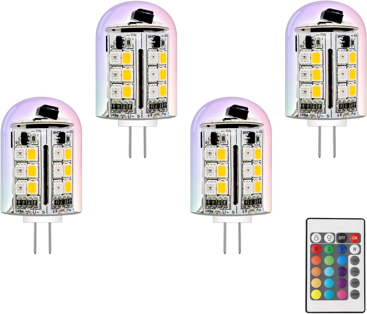 SnelShoppen - G4 LED 12V Kleurverandering - Warm Wit & 15 RGB Kleuren - Set met 4 Lampen en 1 Afstandsbediening - Ideaal voor Buiten, Feesten en Tuinv