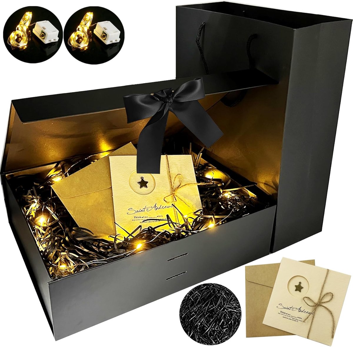 SnelShoppen - Luxe Cadeau Doos met Strik - Magnetische Gift Box met Zak, LED Lichten, Kaart en Envelop - Perfect voor Verjaardagen, Valentijnsdag, Ker