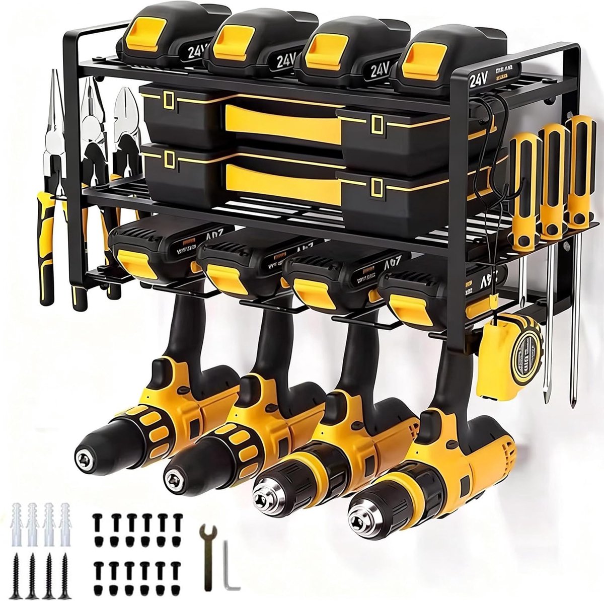 SnelShoppen - Wandgereedschaphouder met 4 Haken, 3-Laags Wandmontage voor Power Tools, Garage Rack, Opslag, Werkplaats, 63 x 20 x 24 cm (Zwart)