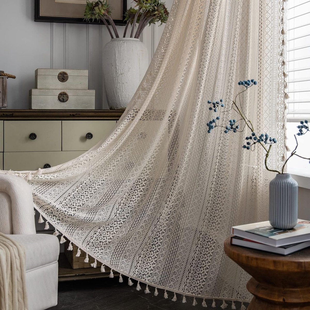 SnelShoppen - Boho Gordijnen Crochet Lace Semi-Sheer Vintage 59" B - Handgemaakte Tassels, 100% Katoen, Voor Woonkamer en Slaapkamer