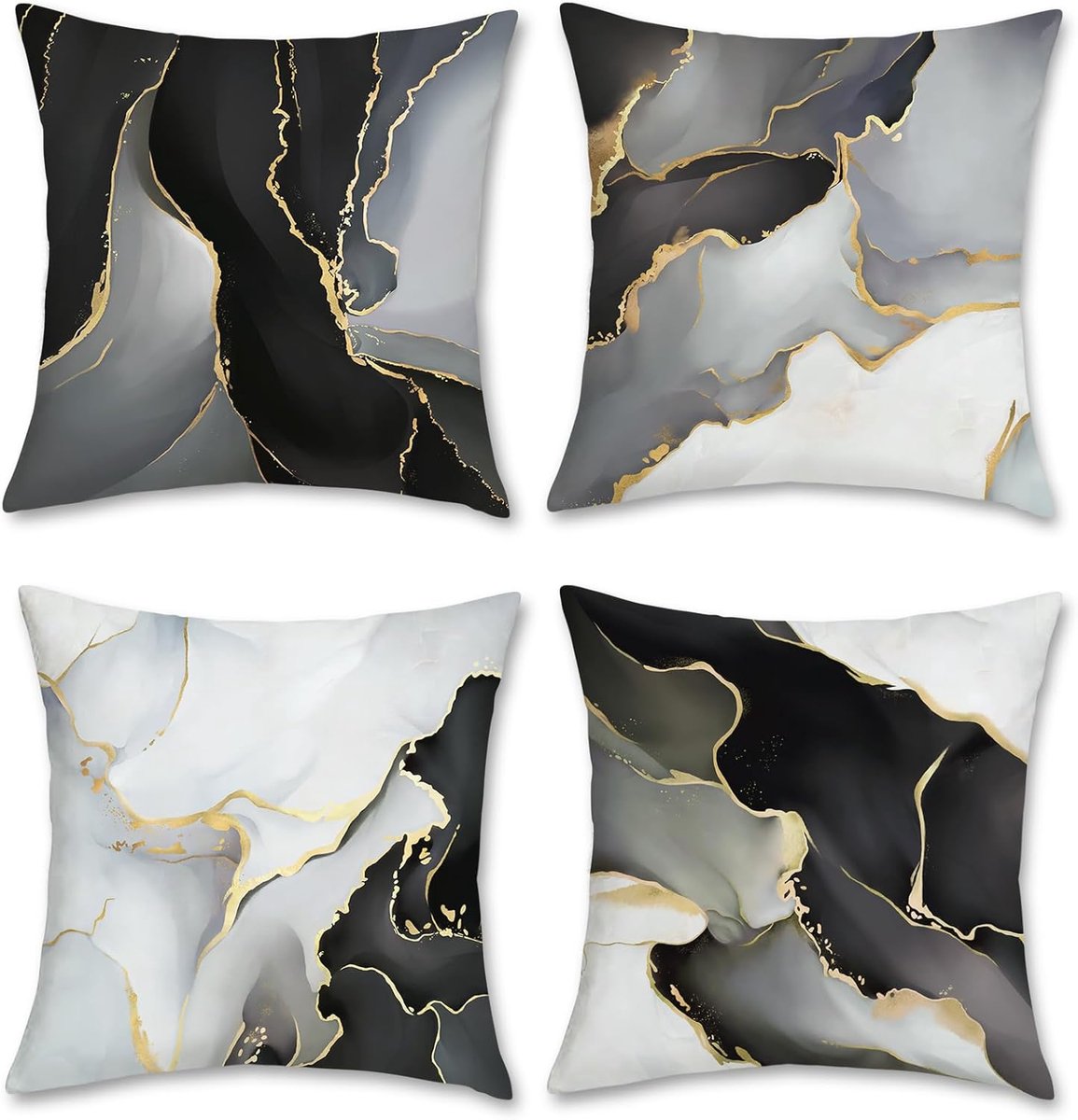 SnelShoppen - Set van 4 Kussenhoezen 18x18 Inch Zwart Goud Grijs Marmer Design Velvet Sofacushions Decoratie voor Woonkamer Slaapkamer Home Decor