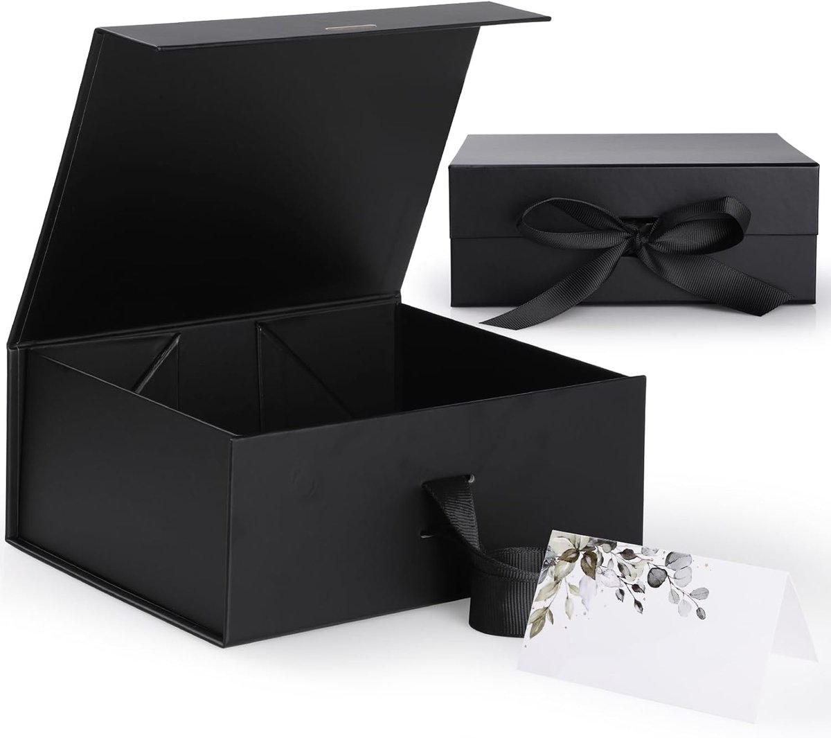 SnelShoppen - Luxe Geschenkdoos met Zwart Deksel 22 x 16 x 8,8 cm - Herbruikbare Kartonnen Verpakking met Strik en Wenskaart voor Verjaardag, Bruiloft