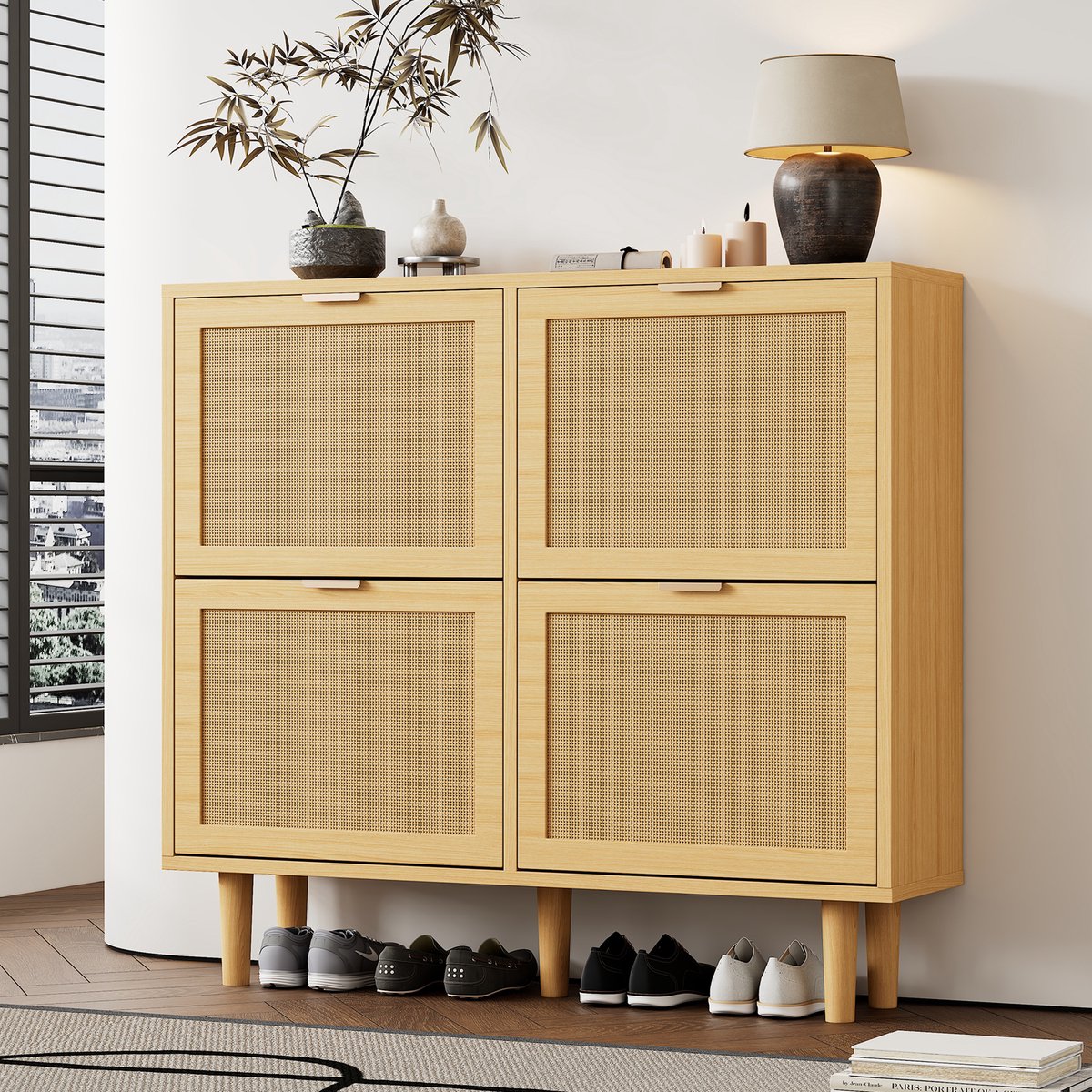 COVREO Schoenenkast 100x25x90 cm - licht eiken, 4 kleppen, spaanplaat, staand model