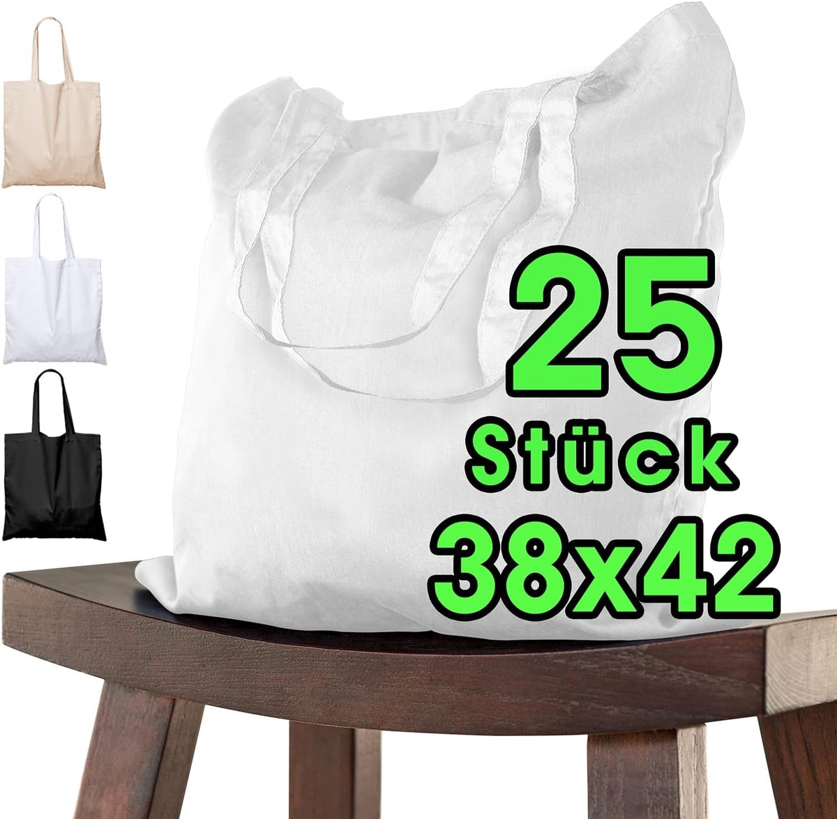 SnelShoppen - Cotton Collection Bag 38x42 cm - 25 Stuks Witte Kindertassen met Korte Handgrepen - OEKO-TEX Gecertificeerd - Stevige Katoenen Tote Bags