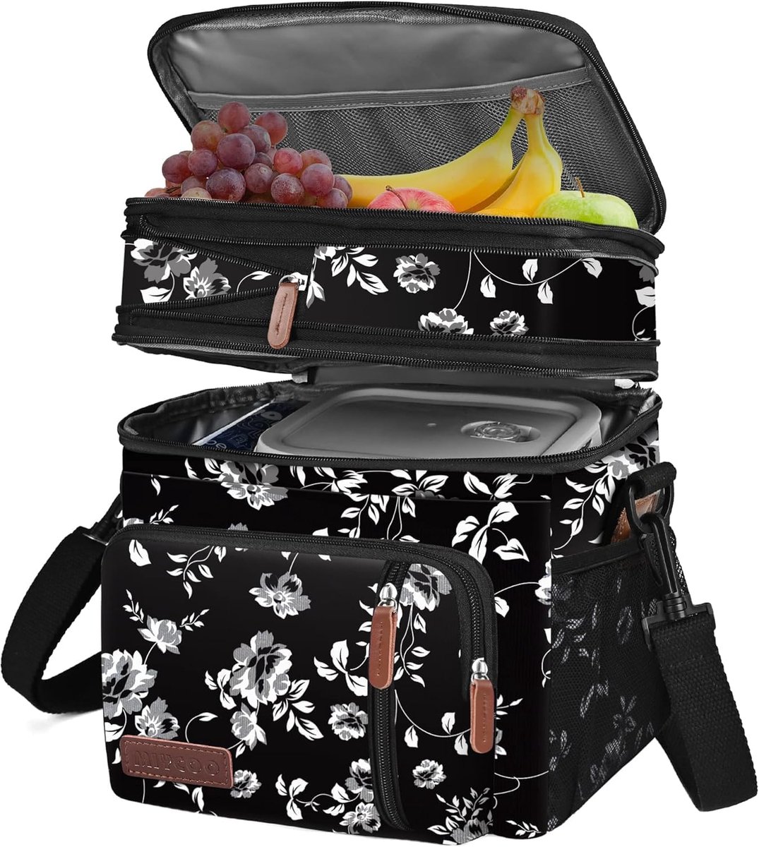SnelShoppen - Luxe Dubbele Lunch Tas - Isolerend & Lekvrij - Ruimte voor 15L - Geschikt voor Picknick, Werk, School - Wit Bloem Motief - Voor Mannen e