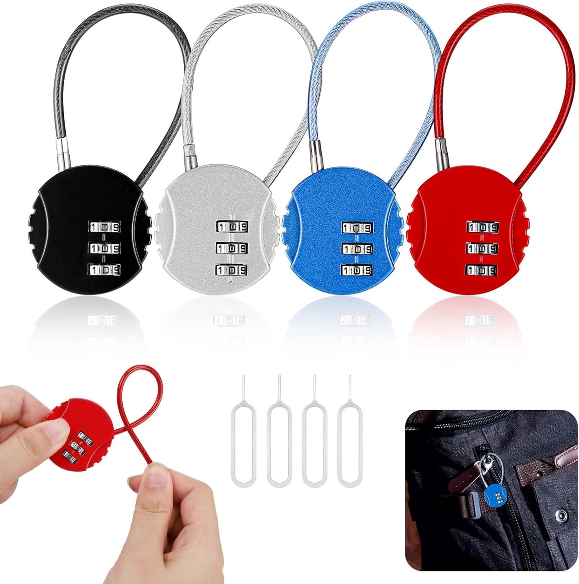 SnelShoppen - 4 Stuks Kofferslot - Stijlvol Hangslot met Cijfercode - Roestvrij Cijferslot - 3-Cijferig Klein Bagageslot - Reisaccessoires - Waterdich