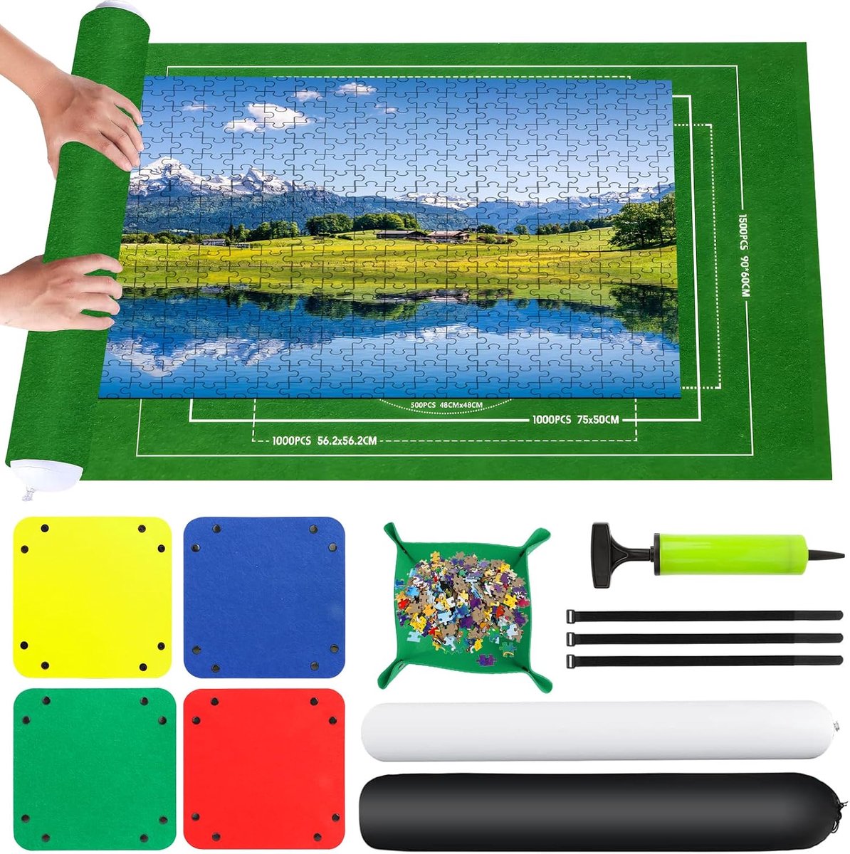 SnelShoppen - Puzzle Mat voor 500 1000 1500 Stukjes - Draagbare Opslagmat 66 x 116 cm - Inclusief Sorteringskommen en Verstelbare Bandjes - Perfect vo