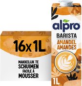 Verpakking Alpro Barista Amandelmelk, 16x1L. Met afbeelding van koffie met schuim en amandelen. Makkelijk te schuimen.