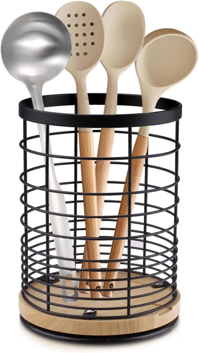 SnelShoppen - Draaibare Bestekmand Roestvrij Staal Keukengerei Houder 13,5x13,5x18,6 cm - Grote Capaciteit, Milieuvriendelijk, Bamboelaminaat, Keuken