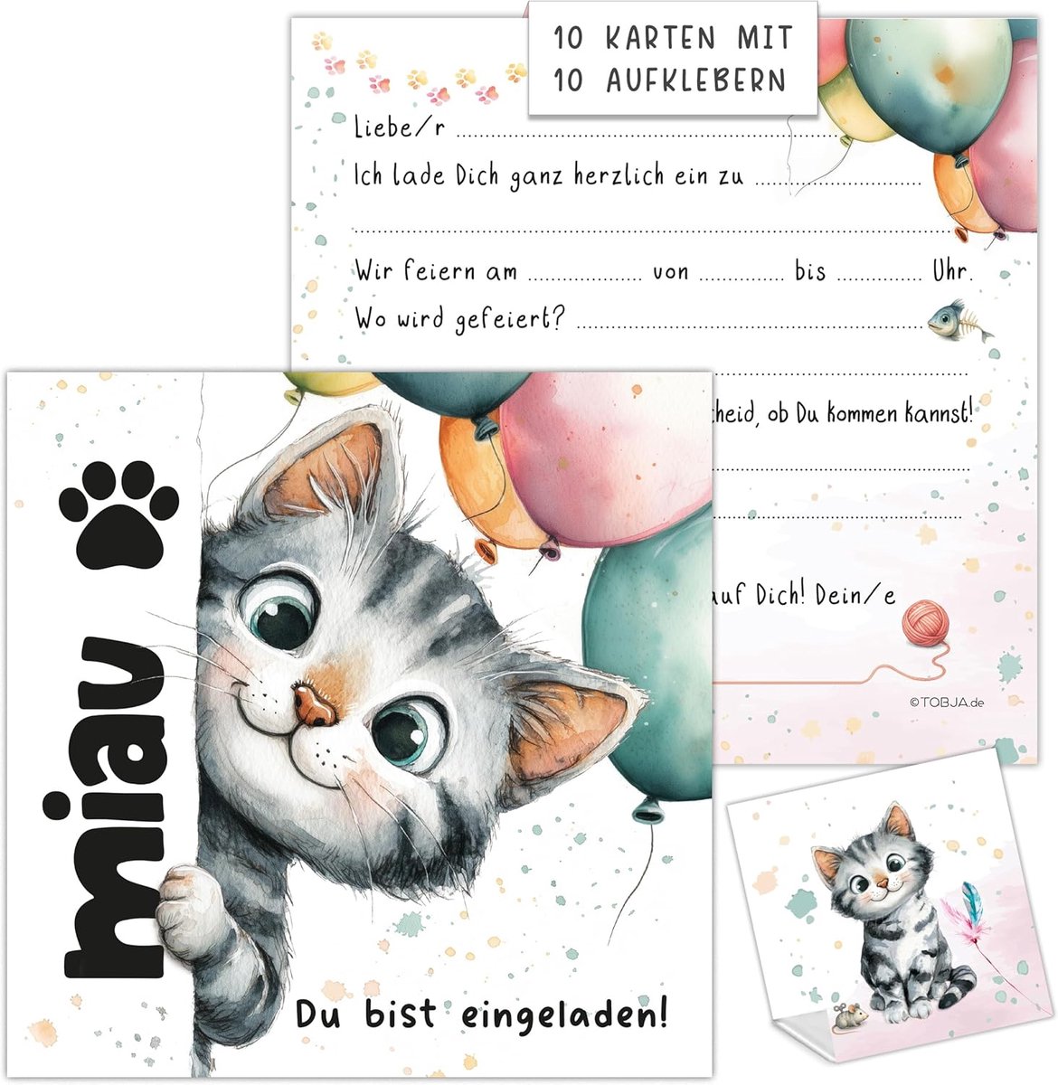 SnelShoppen - XXL Uitnodigingskaarten Kinderversiering Kat - 10-delige Set - Vierkant 14,8x14,8 cm - Inclusief Stickers en Plakpunten - Aquareldesign