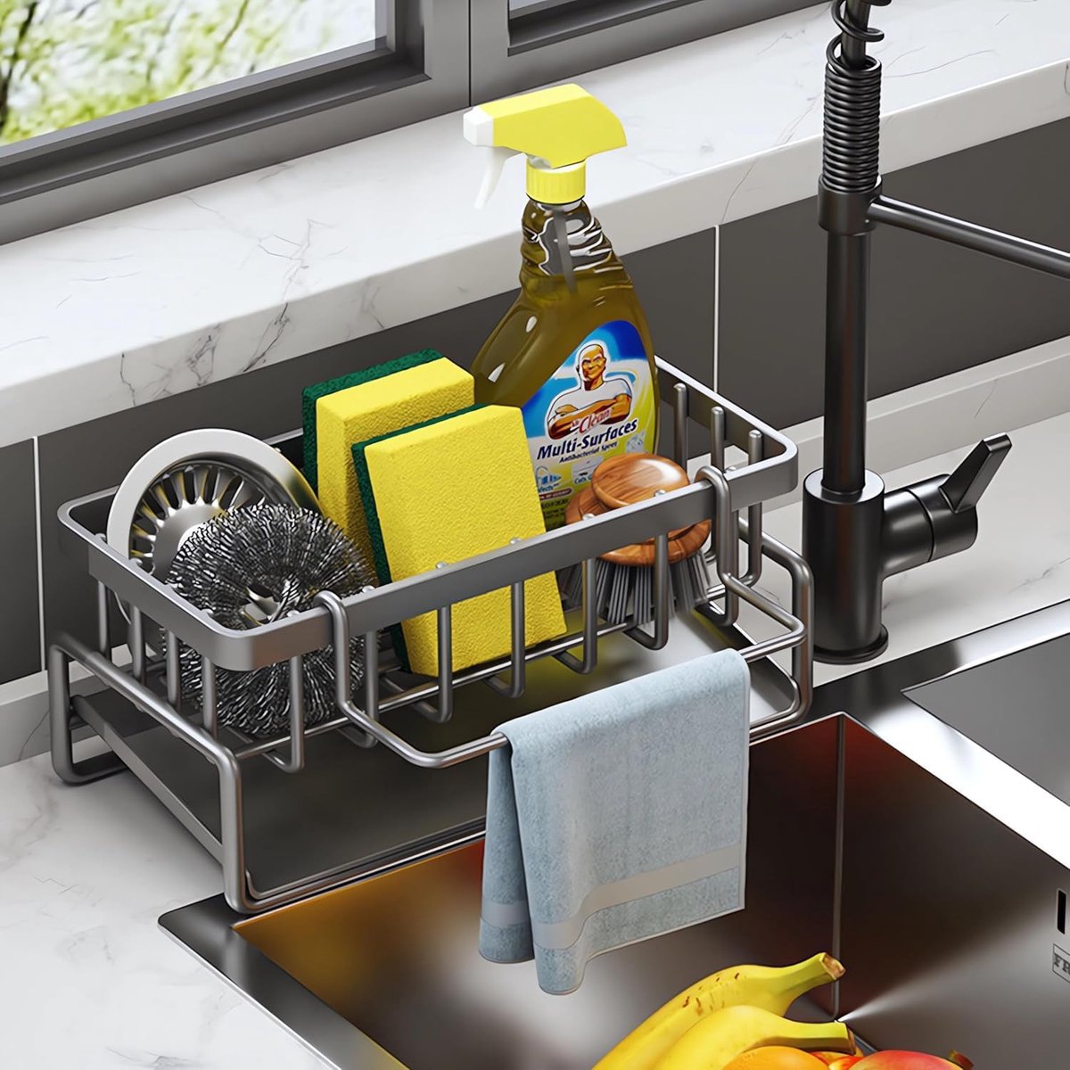 SnelShoppen - Sink Organiser Keuken Organizer met Zelfafvoer, Spons Houder voor Keuken en Badkamer, Organizer voor Borstels, Spons, Zeep, 45° Afvoer,