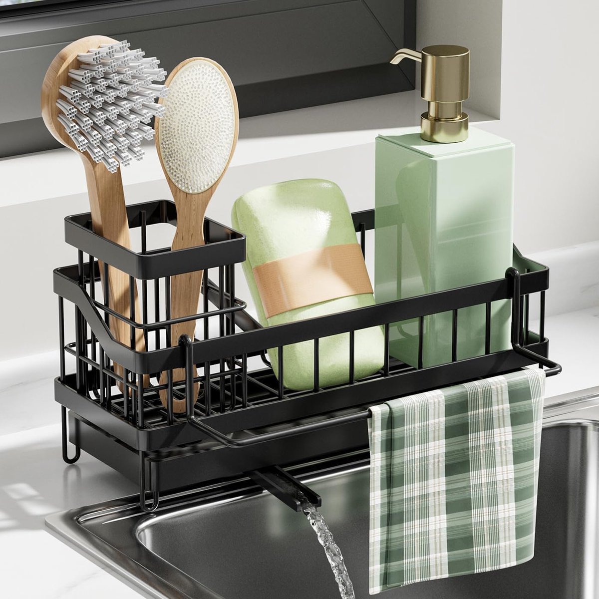 SnelShoppen - Slimme Sink Organiser Zwart Keuken Organizer met Afvoerpan en Handdoekhouder Muurplank zonder Boren voor Borstels en Handdoeken