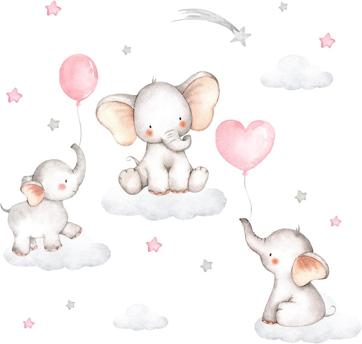SnelShoppen - Wanddecoratie muursticker olifant met ballonnen 65x39 cm - Schattige kinderkamer decoratie - Makkelijk aan te brengen - Unieke stijl voo