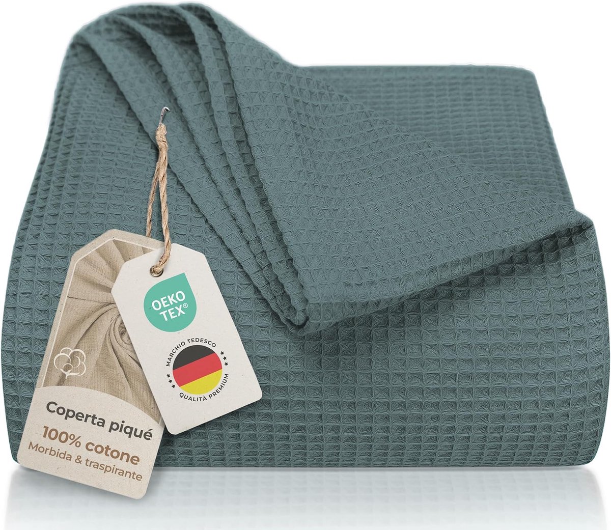 SnelShoppen - LAYNENBURG Premium Bedspread 220x240 cm - XXL Waffle Piqué 100% Katoen - Lichtgewicht Dekbed - Blauw Mirage - Perfect voor Sofa, Bed en