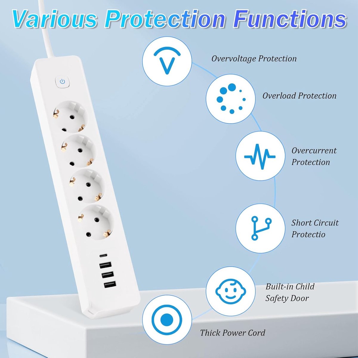 SnelShoppen - Power Strip USB Stekkerdoos met 4 Stopcontacten en 4 USB Poorten, 16A/4000W, 1.8m Kabel voor Thuis en Kantoor