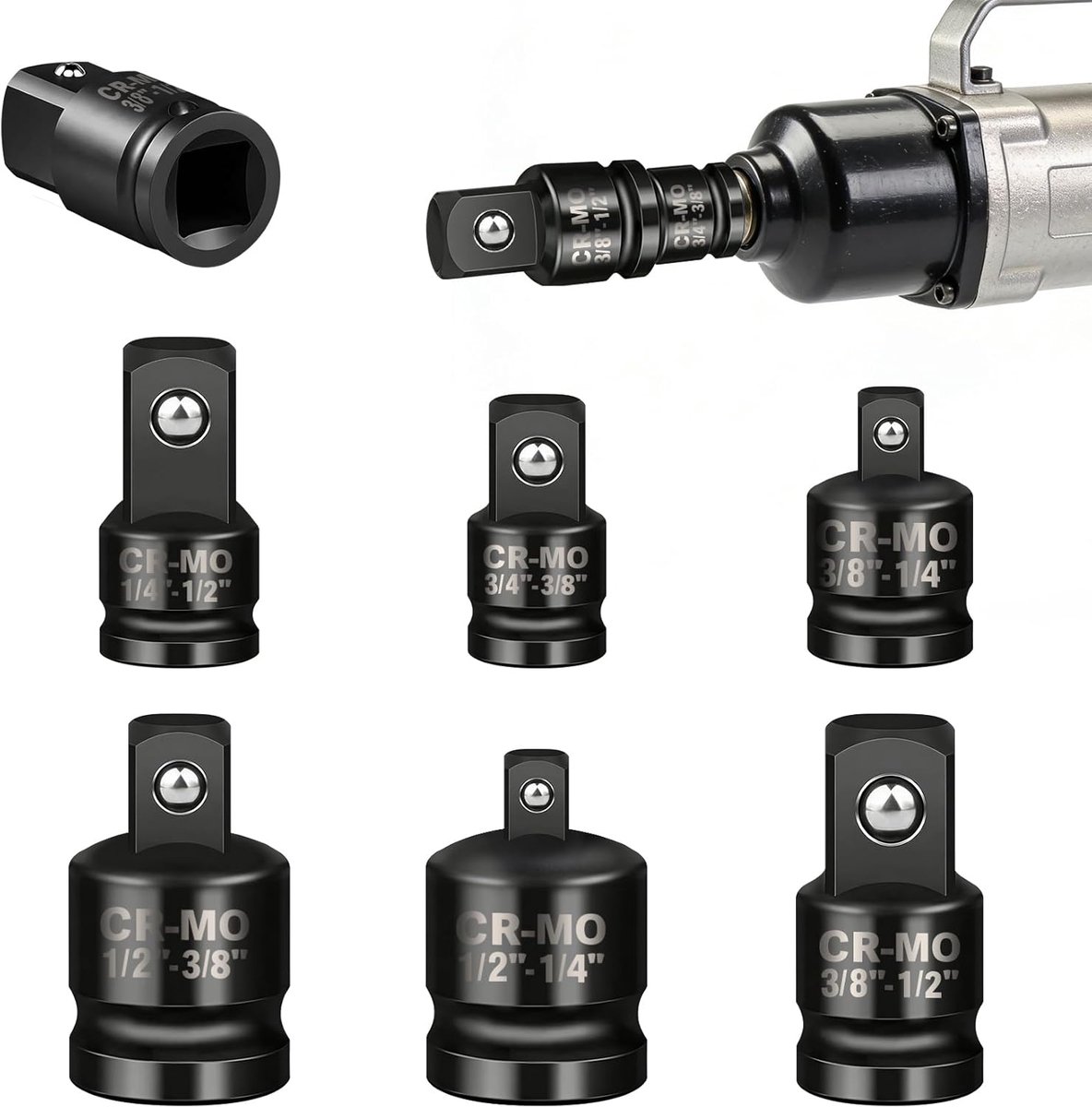 SnelShoppen - 6-delige steeksleuteladapter set met 1/2, 1/4 en 3/8 reducers, rateladapter voor momentsleutel, robuust zwart, ideaal voor auto, klussen