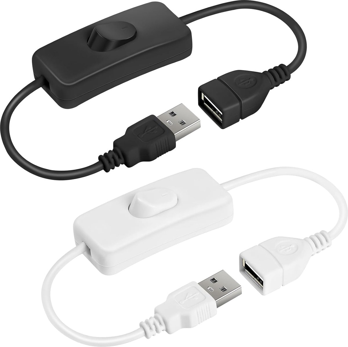 SnelShoppen - 2x USB Verlengkabel met Aan/Uit Schakelaar (27.5cm) voor LED Lampen, LED Strips, Ventilator - Wit en Zwart