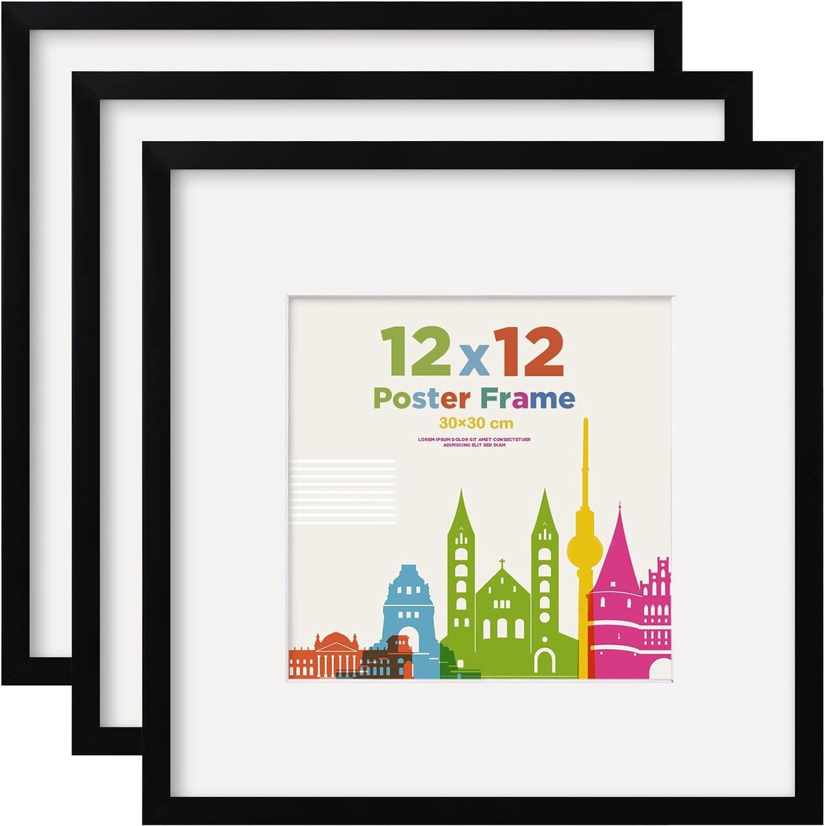 SnelShoppen - Set van 3 Zwarte 30 x 30 cm Foto Lijsten - Vierkante Lijsten met Acrylglas voor 19 x 19 cm Foto's - Wand- en Tafeldecoratie voor Thuis