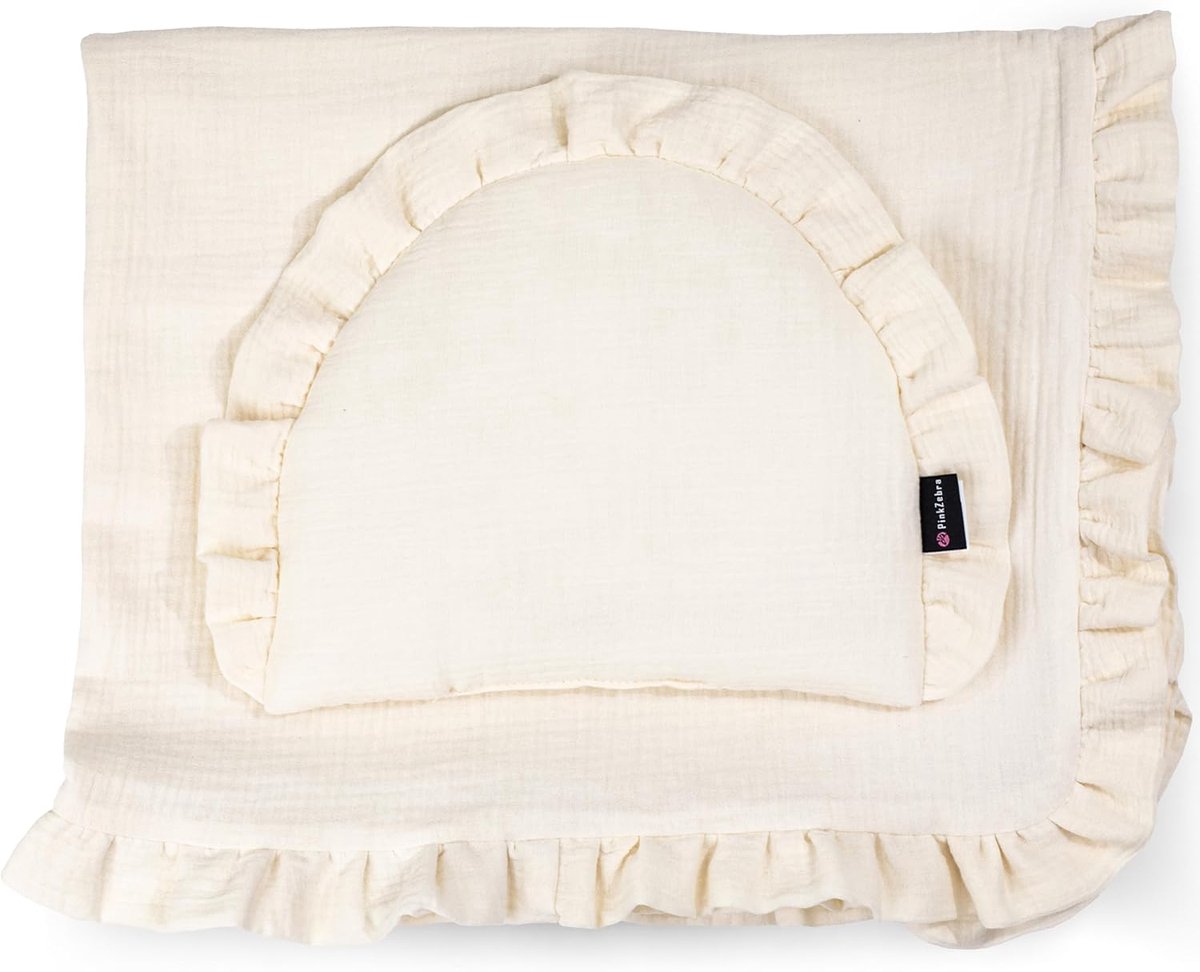 SnelShoppen - Muslin Ruffle Baby Bedding Set - 100% Organic Cotton - Cuddly Blanket + Soft Flat Pillow - Ideaal voor Kinderen, Babybed, Wieg, Zomer, K