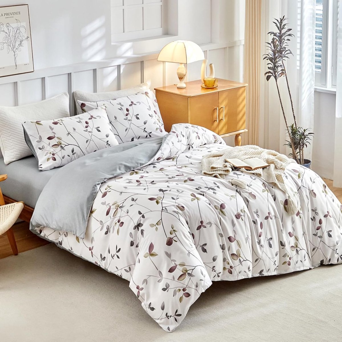 SnelShoppen - Luxe Dekbedovertrek Set 240x220 cm met Hoeslaken 150x200 cm en 2 Kussenslopen 50x75 cm - Microfiber Bedtextiel met Rami en Bladeren Prin