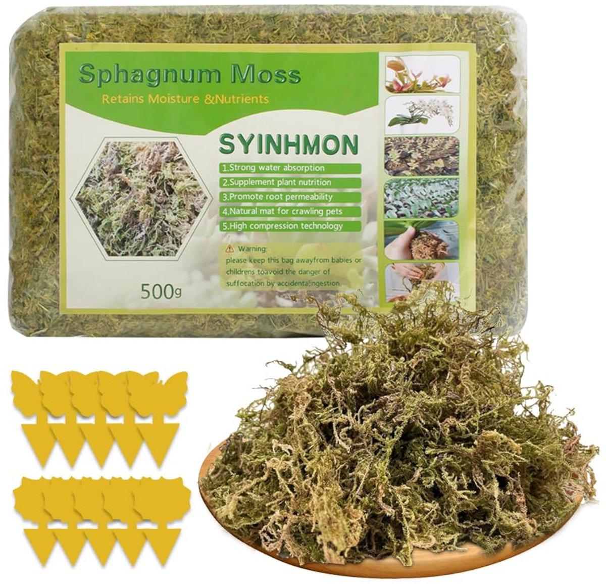 SnelShoppen - Sphagnum Mos Planten 500 g - Natuurlijk Luchtgedroogd Mos voor Orchideeën - Verhoogt Vochtigheid - Inclusief 10 Gele Stickers Tegen Fung