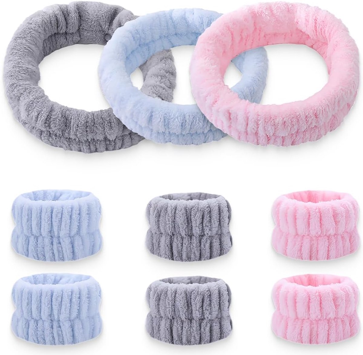 SnelShoppen - Pack van 9 Haarbanden voor Gezichtsreiniging, Make-up, Soft Absorbent, Elastisch voor Spa, Yoga, Douche - Grijs en Roze