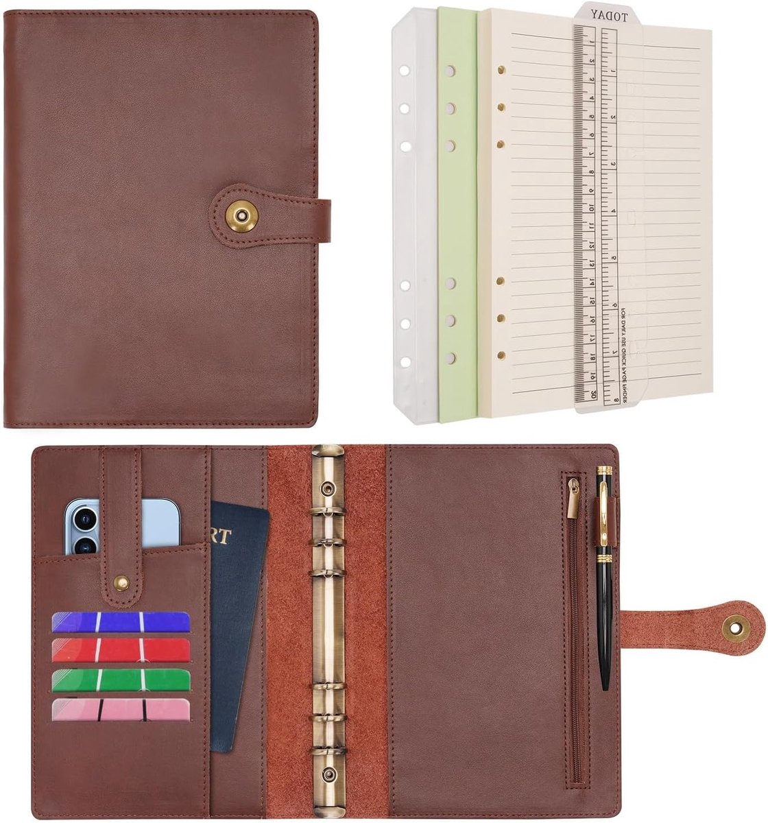 SnelShoppen - A5 Ring Binder Travel Diary Journal Notebook - Leren Notitieboek - Herbruikbare Organizer met Pen - Bruin - Perfect voor Kantoor, School