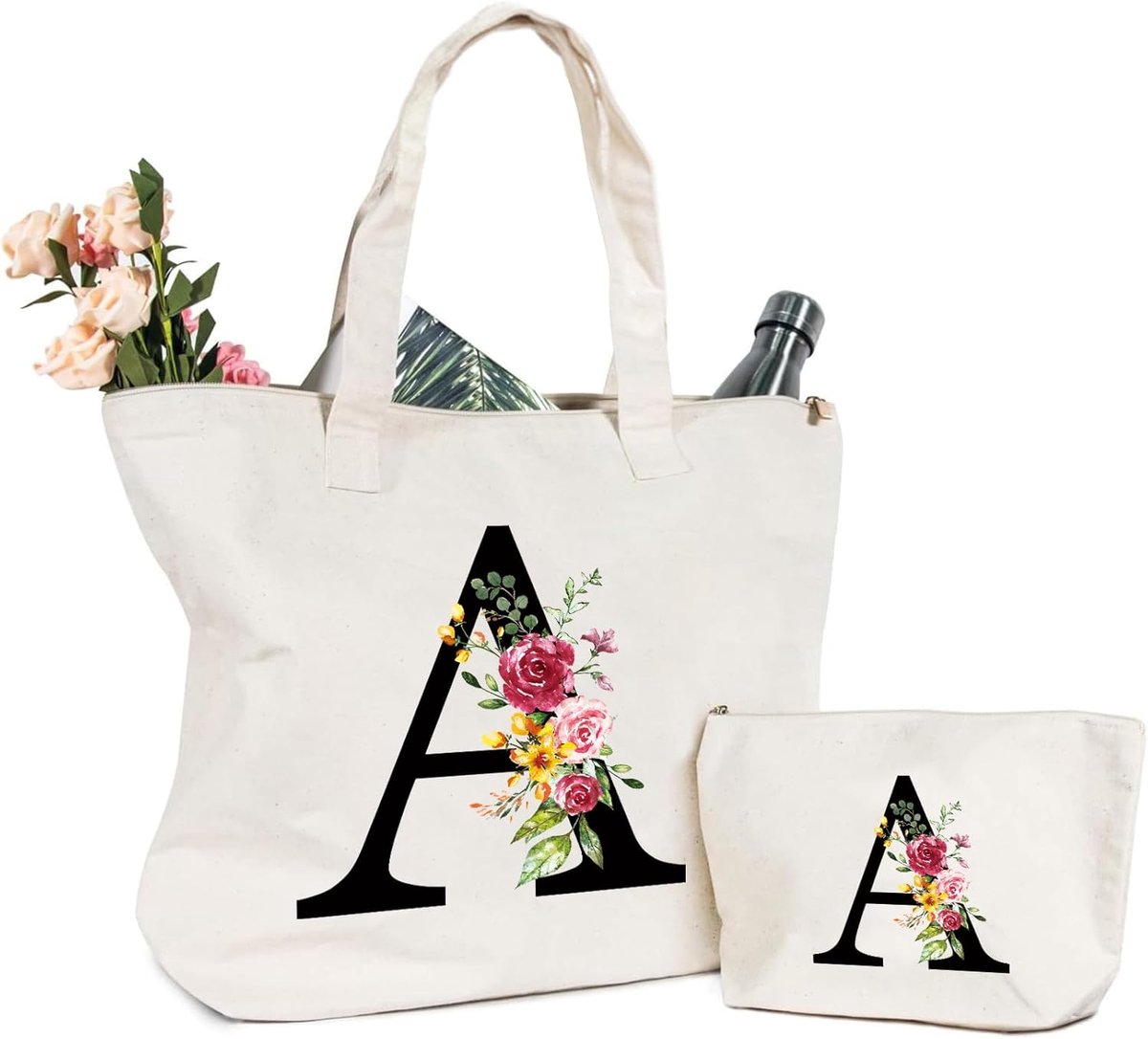 SnelShoppen - Linen Bag met Initialen, Grote Shopping Bag met Letters en Bloemen, Katoenen Canvas Makeup Bag voor Bruid en Bruidsmeisje - Perfect Cade