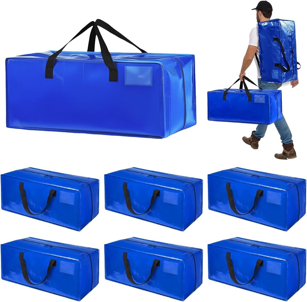 SnelShoppen - Set van 6 grote verhuiszakken, 90 L, waterdicht, met rugband, rits en sterke handvatten, ruimtebesparende opbergcompartimenten voor kled