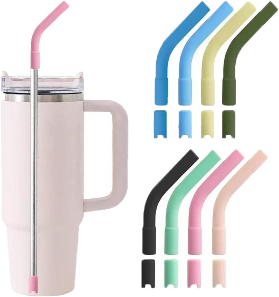 SnelShoppen - Set van 8 Herbruikbare Siliconen Rietjes met Pedestal, Kleurige Warmtebestendige Siliconen Verlengers, Geschikt voor Rietjes met 8 mm Bi