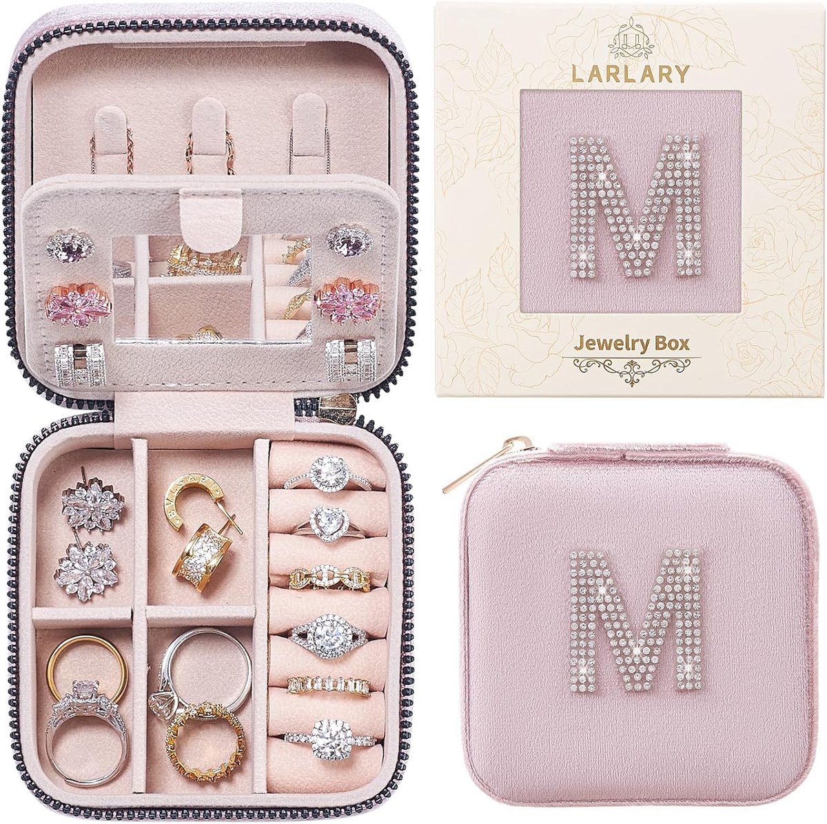 SnelShoppen - Travel Jewellery Box voor Ringen, Oorbellen, Kettingen en Armbanden met Persoonlijke Letters - Roze (M)