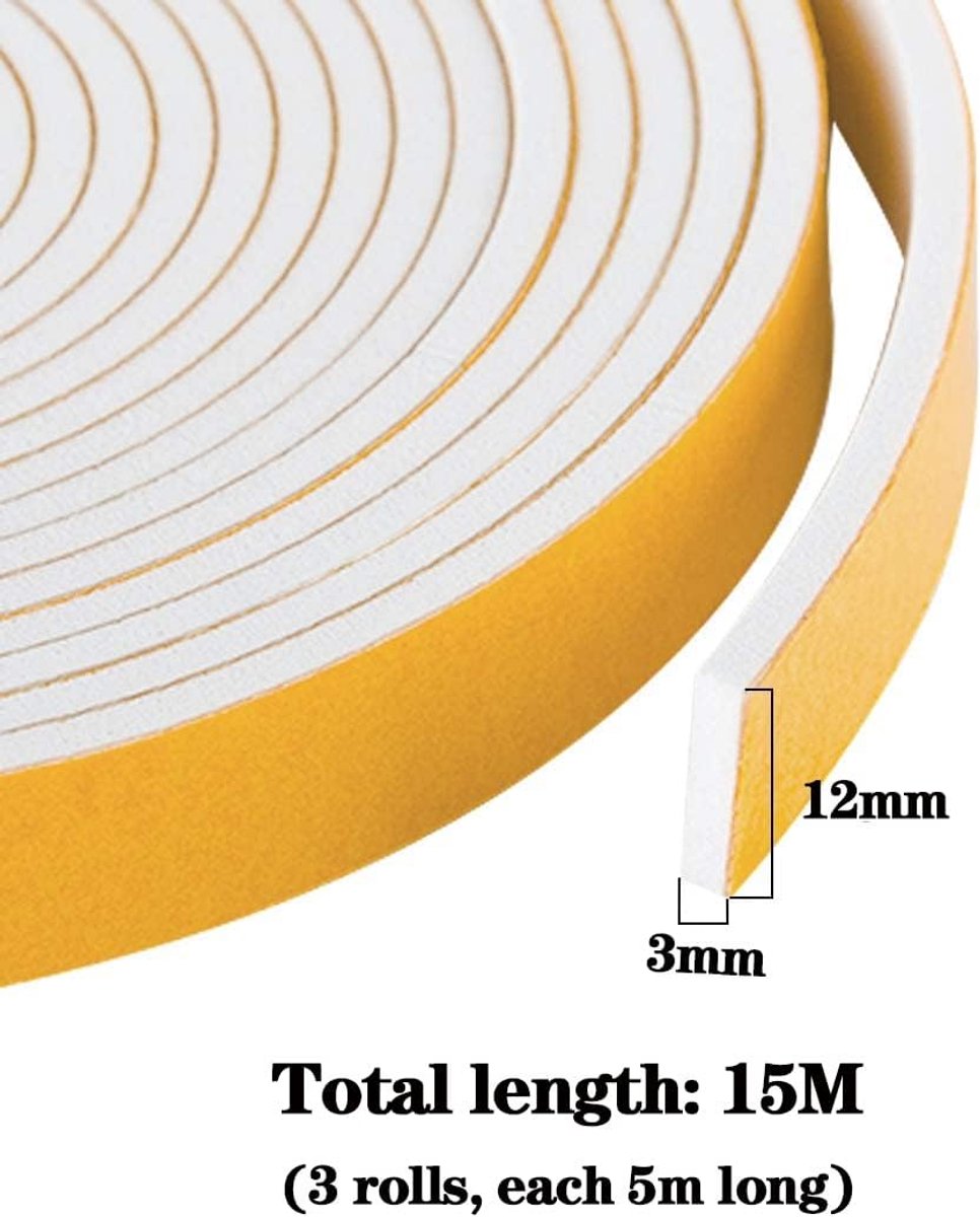 SnelShoppen - Adhesive Foam Tape Tochtstopper 12mm x 3mm x 15m - Geluiddicht, Waterdicht, Stofdicht - Ideaal voor Ramen, Deuren, Badkamer, Douche
