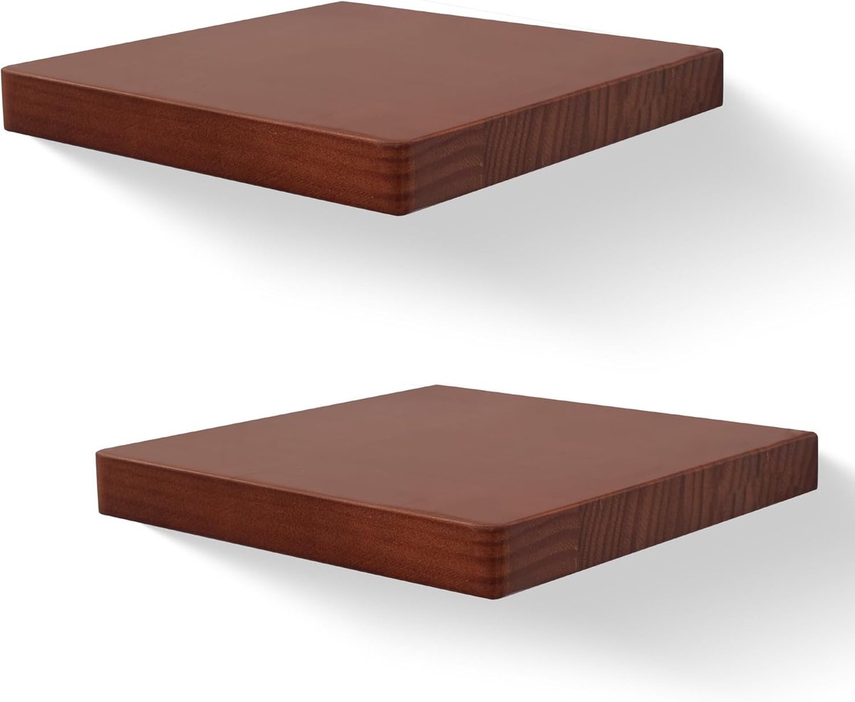 SnelShoppen - 2x PHOENANCEE Houten Wandplankjes 20,3x20,3 cm - Compacte Schwebende Mini-Wandregalen voor Kleine Ruimtes - Walnootkleur - Ideaal voor D
