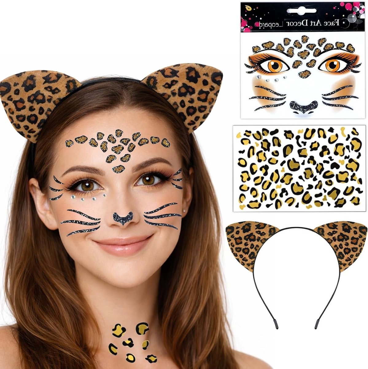 3-delig Leopard Kostuum Set met Oren, Haarband en Gezichtstatoeage voor Vrouwen en Kinderen, Perfect voor Carnaval en Feestjes