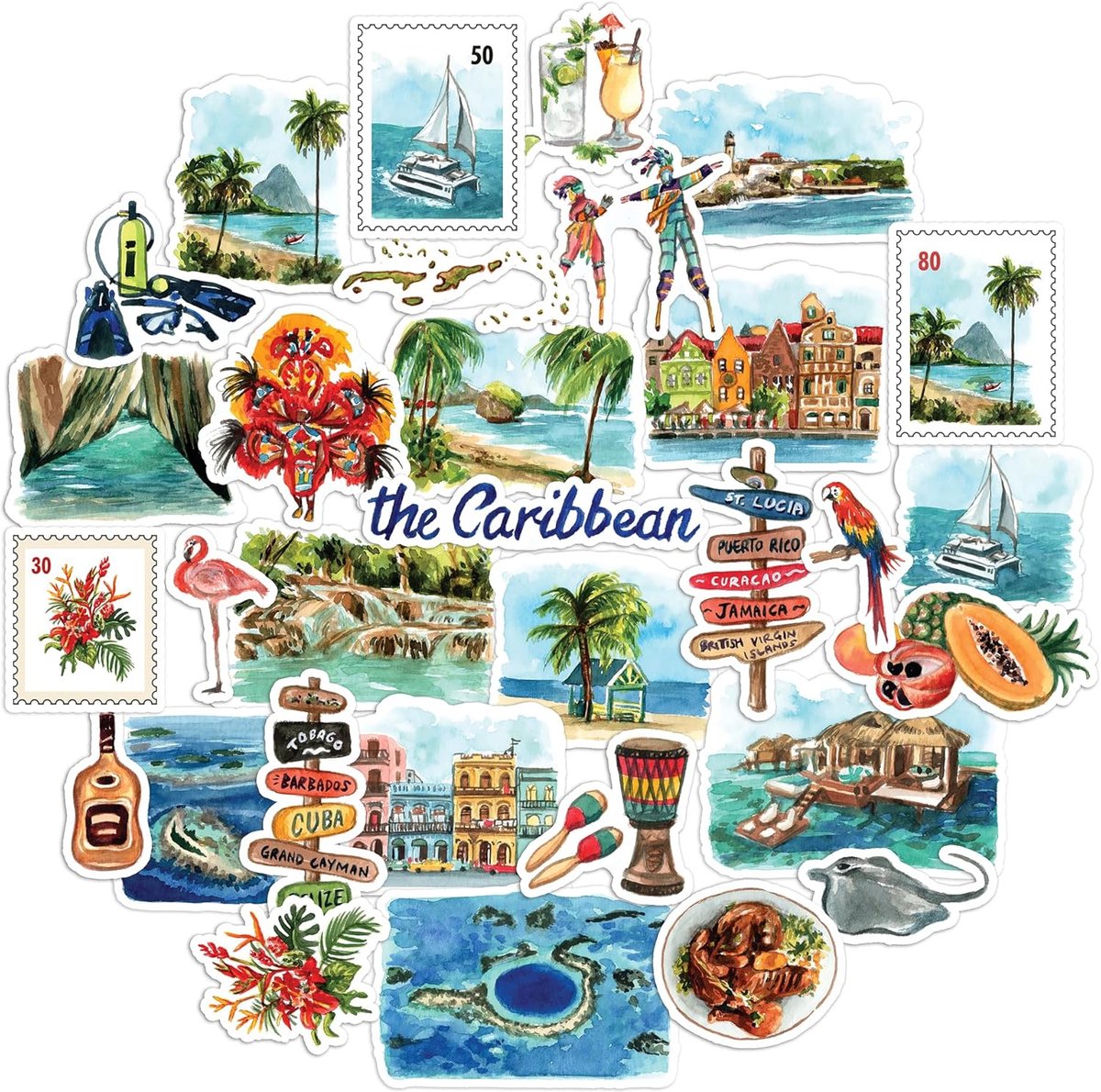 SnelShoppen - 31 Watercolor Waterproof Reisset Stickers - Tropische Cruise Decals voor Journals, Scrapbooks, Waterfles en Koffers in Navy Peony