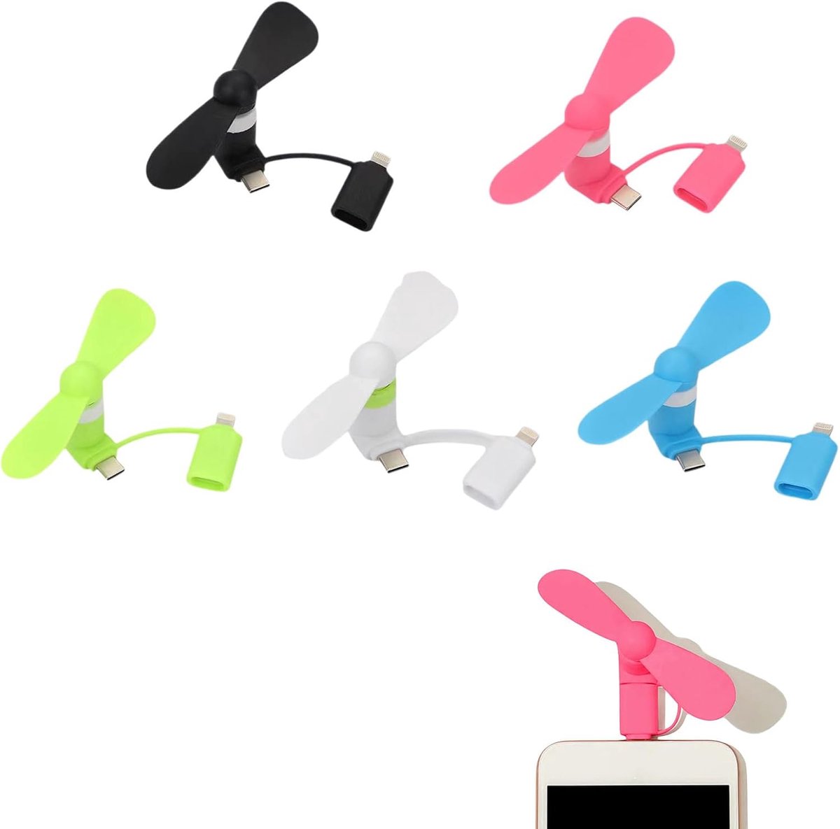 SnelShoppen - 2-in-1 Mini USB-Ventilator voor Mobiele Telefoon, Draagbare Handventilator voor iPhone/Type C Telefoons, 5 Stuks, Milieuvriendelijk TPE,