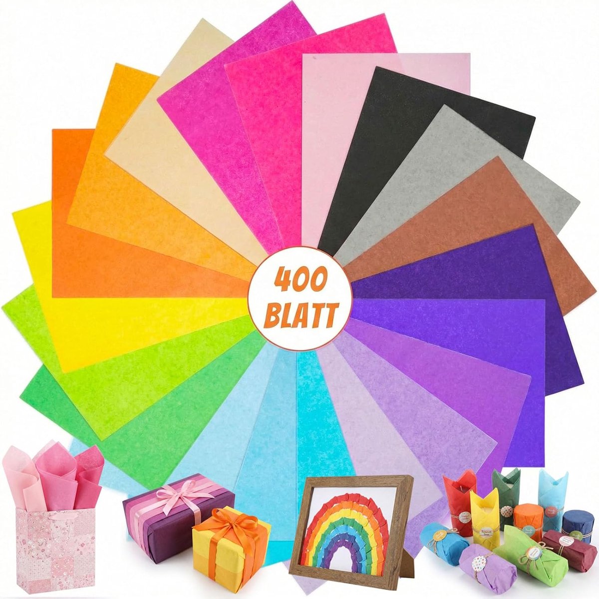 SnelShoppen - 400 Vellen Transparant Tissue Papier - Kleurrijk 20 Kleuren A4 Craft Papier 16 g/m² Glanzend voor Feest, Verjaardag, Bruiloft, Kerst, De