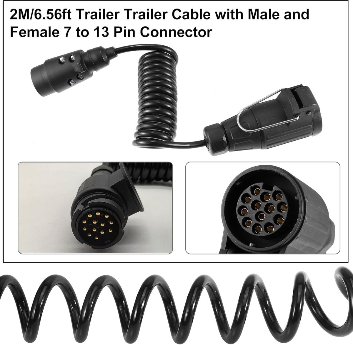 SnelShoppen - Trailer Extension Cable 13-Pin, 2 m Coiled Kabel met 13-Pin Stekker voor Auto, Truck, Caravan, Motorhome, Fietsendrager, 12V