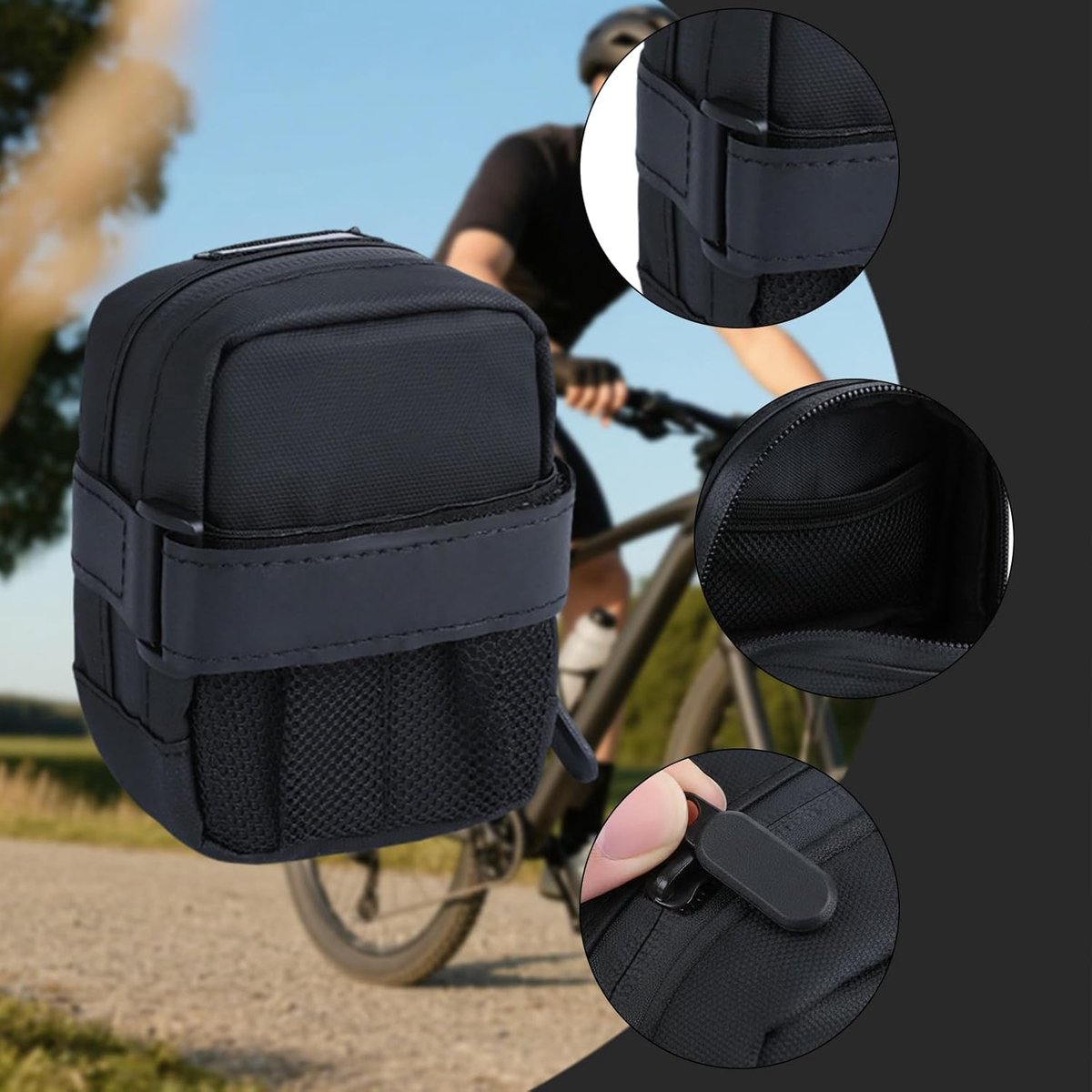 SnelShoppen - Mini-zadeltas voor fiets 12x9x5 cm - Waterdichte zadeltas voor racefietsen, stadsfietsen en mountainbikes - Reflecterende fietstas zwart