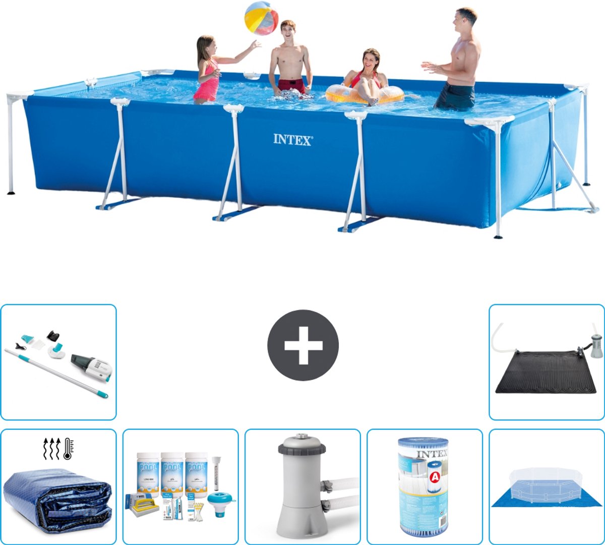 Intex Rechthoekig Frame Zwembad - 450 x 220 x 84 cm - Blauw - Inclusief Solarzeil - Onderhoudspakket - Zwembadfilterpomp - Filter - Grondzeil - Stofzuiger - Solar Mat - 8-delig