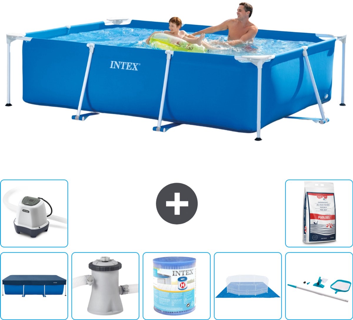 Intex Rechthoekig Frame Zwembad - 260 x 160 x 65 cm - Blauw - Inclusief Afdekzeil - Zwembadfilterpomp - Filter - Grondzeil - Schoonmaakset - Zoutwatersysteem - Zwembadzout - 8-delig