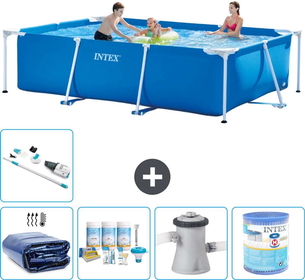 Intex Rechthoekig Frame Zwembad - 300 x 200 x 75 cm - Blauw - Inclusief Solarzeil - Onderhoudspakket - Zwembadfilterpomp - Filter - Stofzuiger - 6-delig