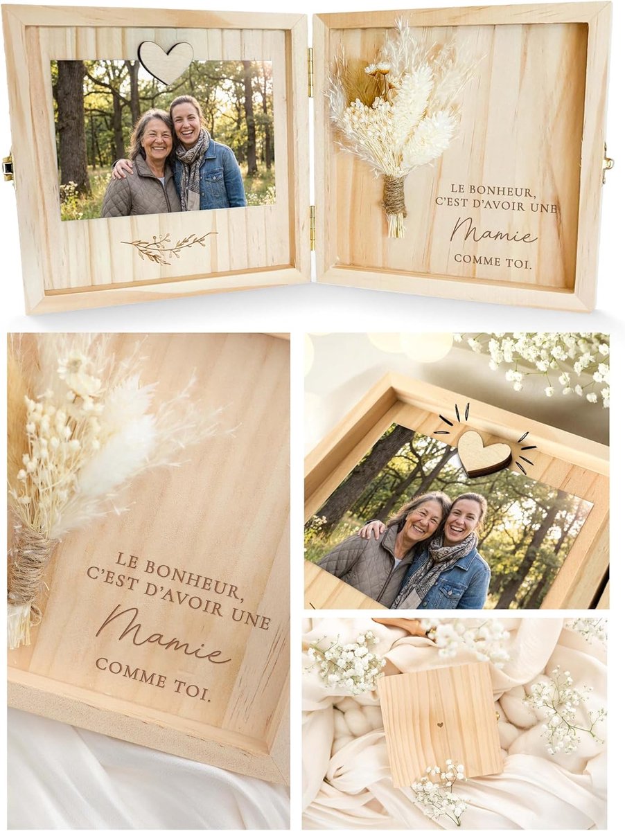 SnelShoppen - Houten cadeaubox voor oma - Le bonheur c'est d'avoir une mamie comme toi - Persoonlijk cadeau voor feestelijke gelegenheden - Elegante h